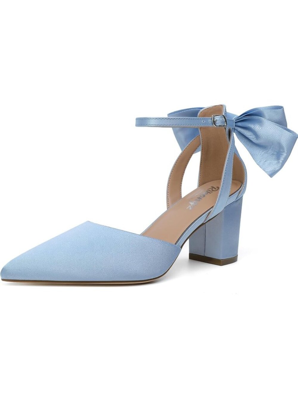 Women's Blue Satin Closed Toe Buckle Comfortable Slip On Pumps Low Heels